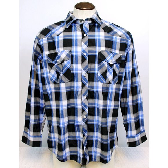 Coevals Club Men Sz L Plaid Western Shirt Pearl Snap Button Blue Black White - Picture 1 of 11